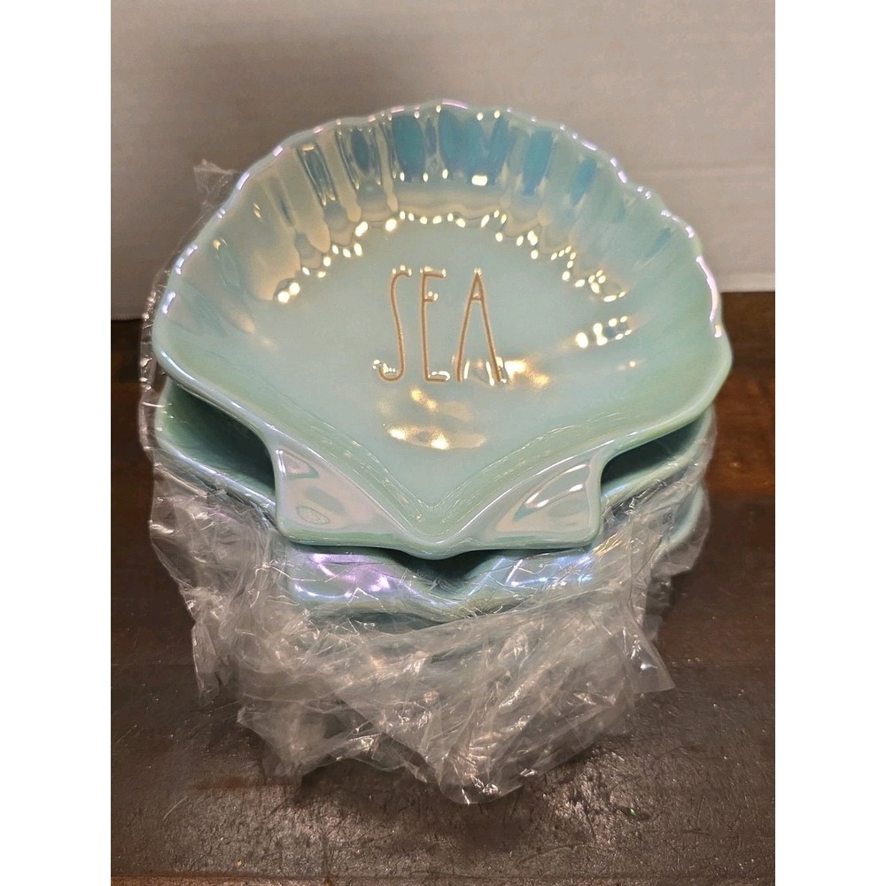 Rae Dunn SEA Clamshell Bowls Set of 4 Iridescent Pearl Blue Coastal Nautical New